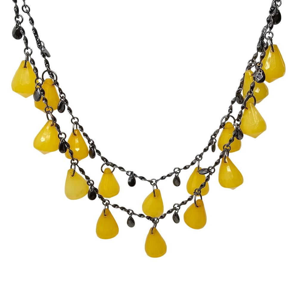 Yellow Lemon Drop Statement Necklace Dangle Fringe Faceted Layered Gunmetal